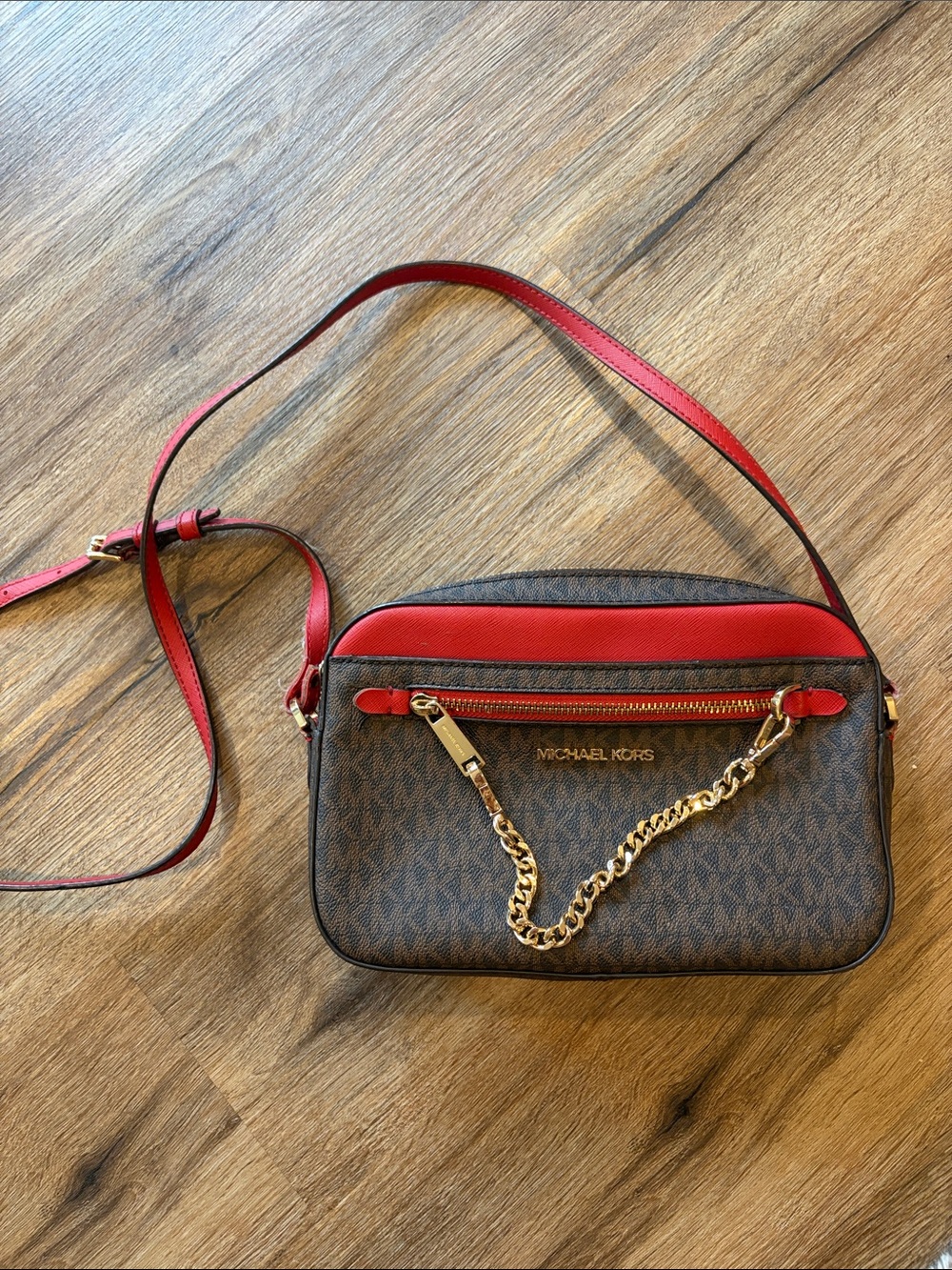 Michael Kors Brown Signature Crossbody with Red Trim and Gold Chain